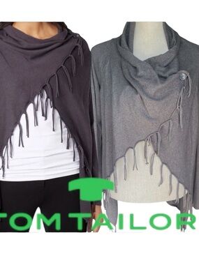 Tom Tailor Grey Cotton Blend Fringe Crossover Wrap Long Sleeve Cardigan (M/L)
